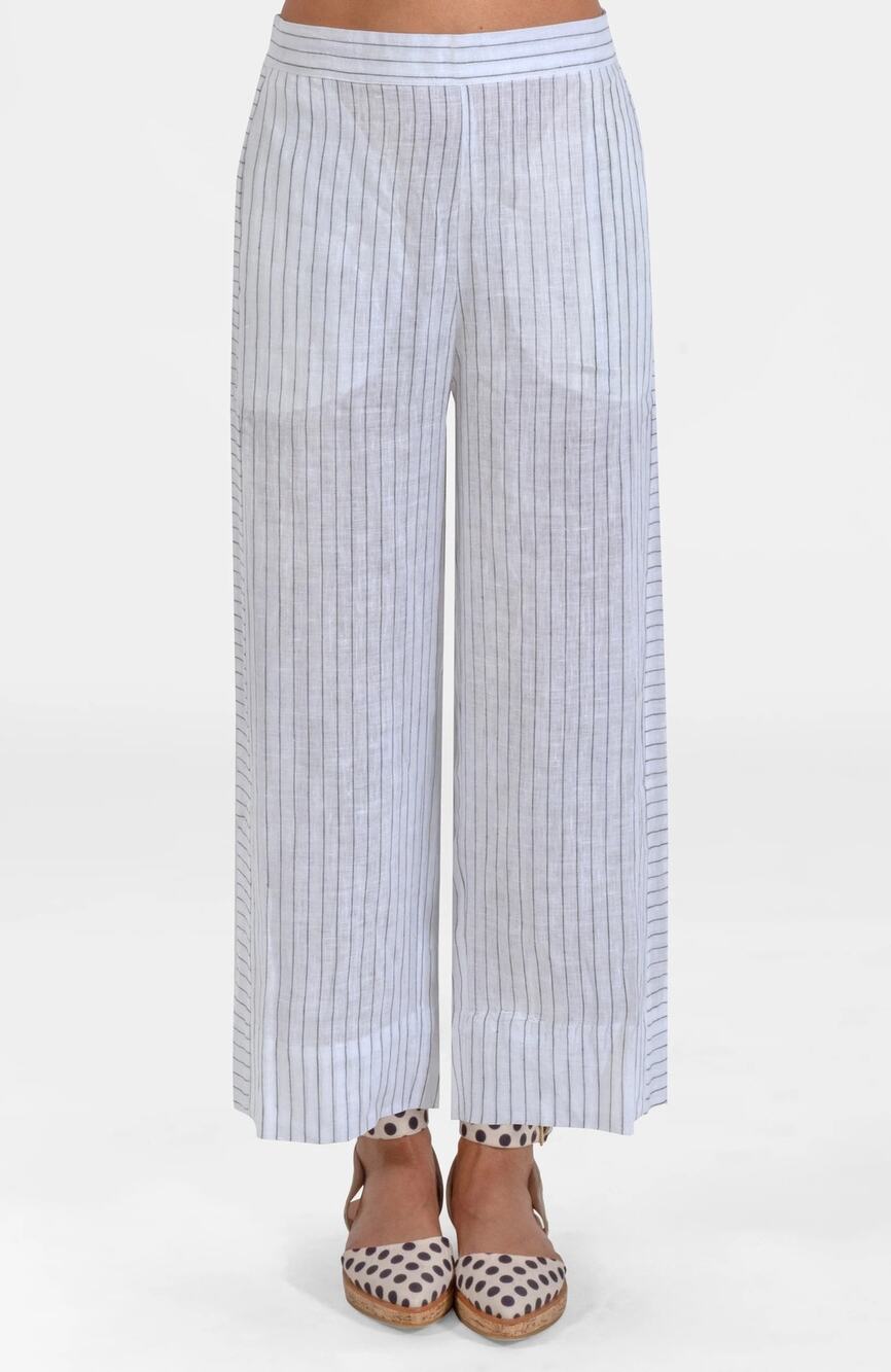 Gretchen Scott New Effortless Linen Wide Leg Pull On Pants White Grey Medium